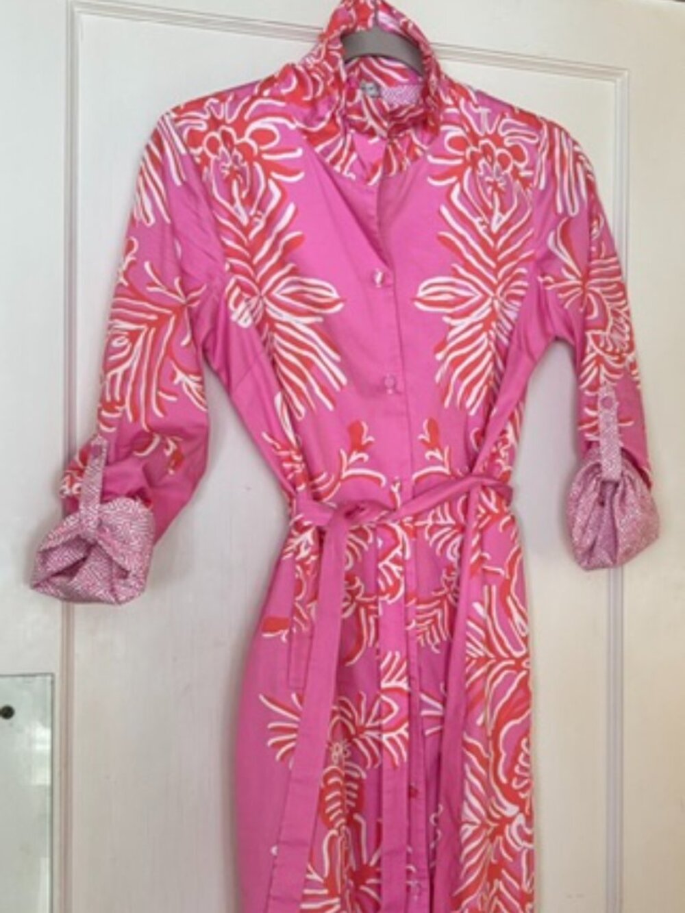Patty Kim Pink Coral Floral Belted Shirt Dress XS 100% Cotton